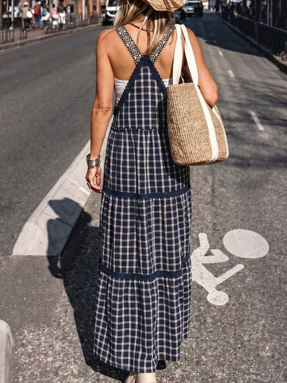 Navy Blue Casual Women's Plaid Adjustable Strap Tiered Midi Dress - Picture 2 of 5